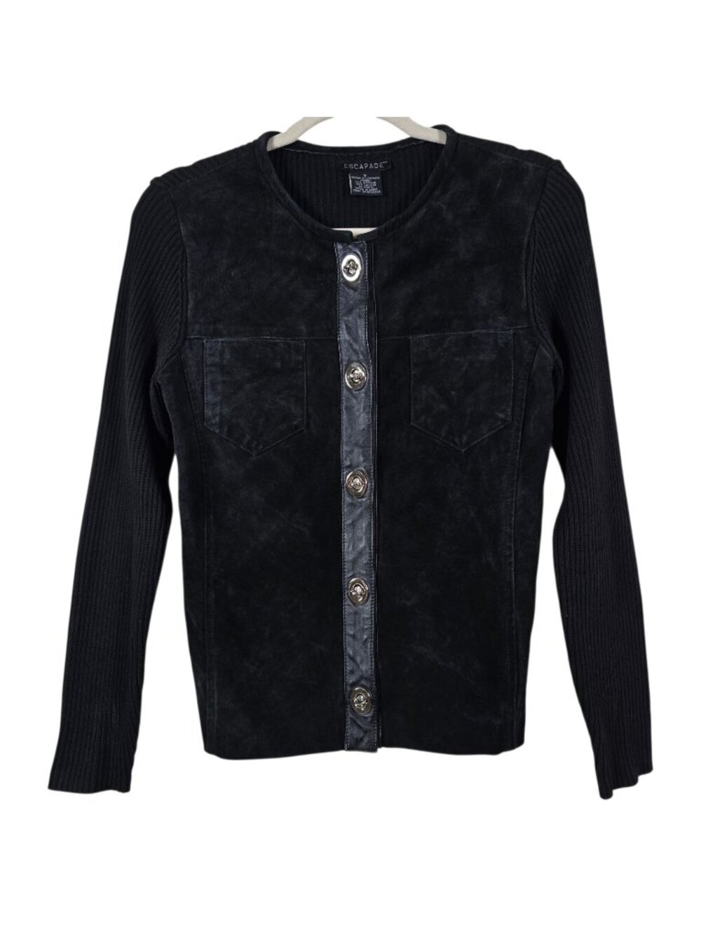 Y2K Escapade Womens Black Suede Leather Ribbed Knit Long Sleeve Jacket Top Small